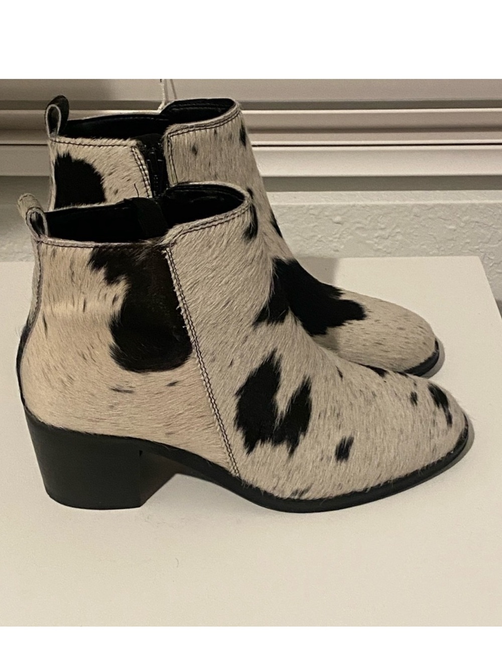 Myra Bag Black and White Cow Print Ankle Boots